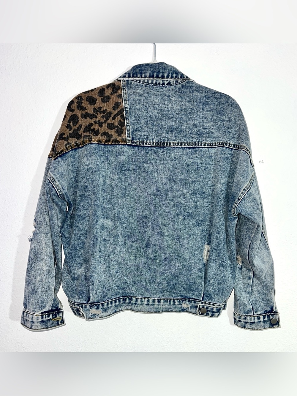 Leopard Print Patchwork Distressed Denim Jacket Small Acid Wash Trucker Oversize - Picture 7 of 10